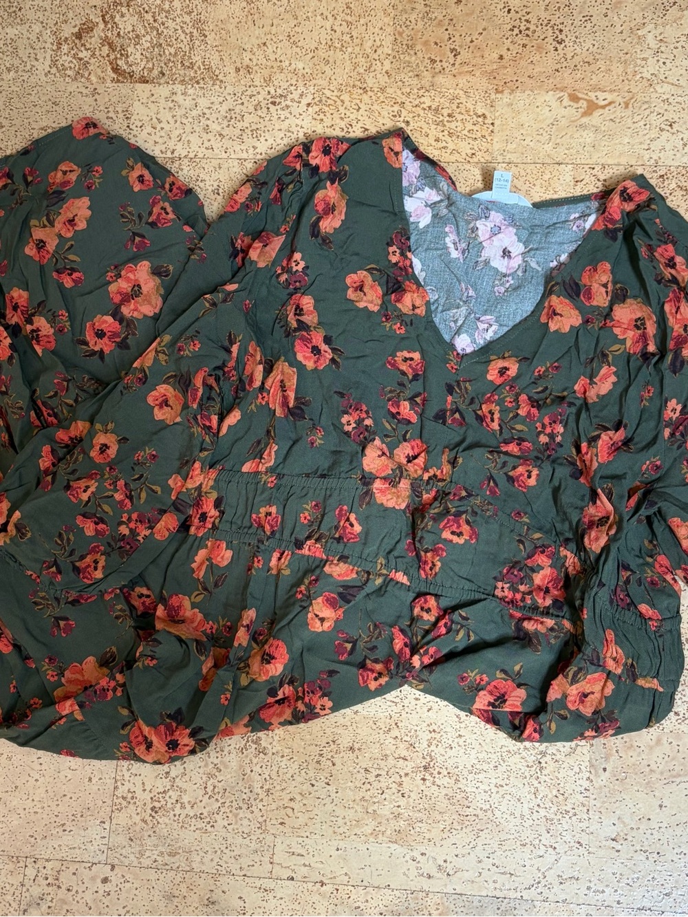 Time and Tru Olive Midi Dress with Orange Floral Print